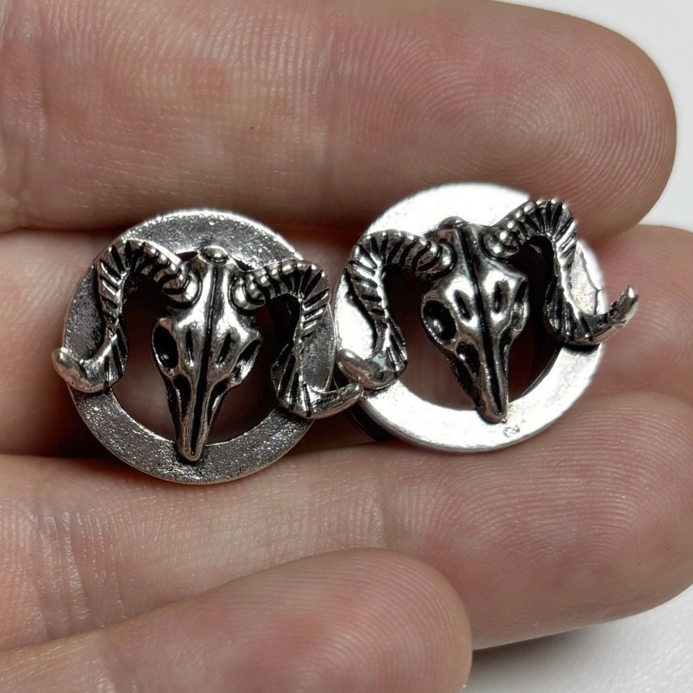 Silver Ram Skull Screw Fit Ear Gauges Plugs‎ 1/2 Inch 12mm Stainless Steel Goth